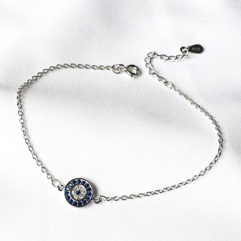 S925 Sterling Silver Evil Eye Anklet with Blue Diamonds