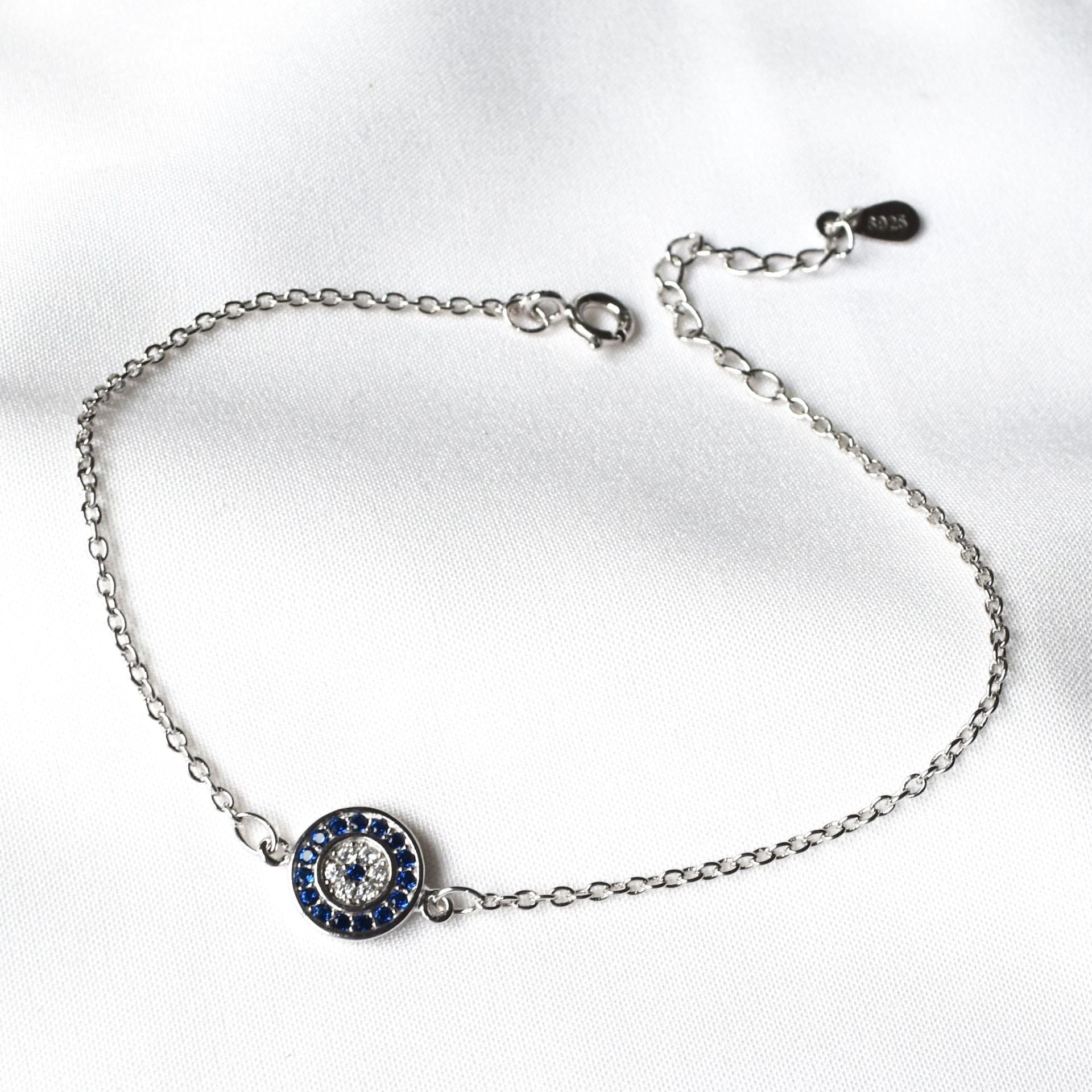 S925 Sterling Silver Evil Eye Anklet with Blue Diamonds