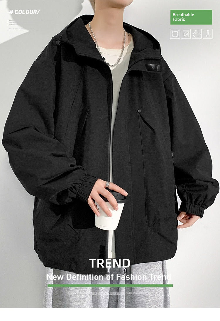 2025 new men's hooded jacket American casual large size tooling jacket top trendy