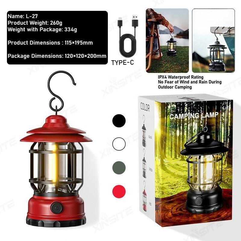 Portable Handheld Multi-Functional LED Camping Lantern - Outdoor Tent, Type-C Rechargeable Vintage