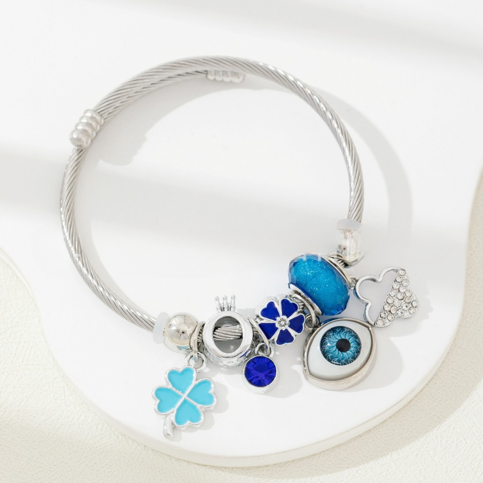 DIY Evil Eye Bracelet with Rhinestones, Four-Leaf Clover, and Heart Design