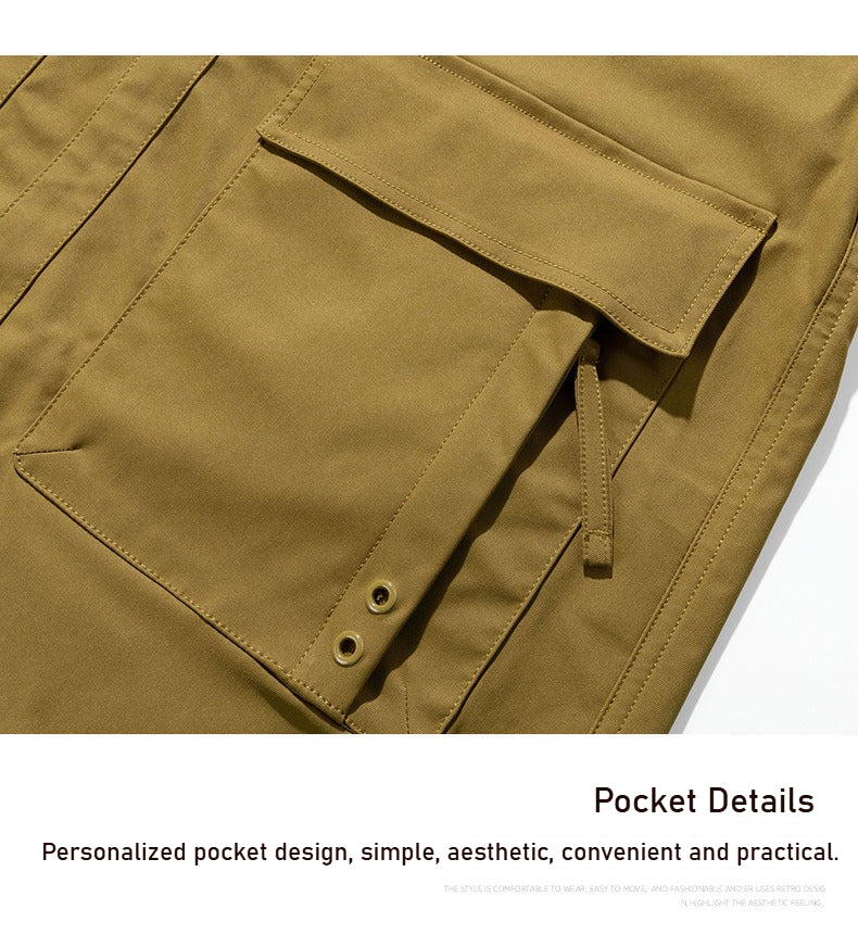 Spring and Autumn new men's sports loose stand-up collar jacket, multi-pocket hooded wear-resistant casual jacket, black/caramel optional