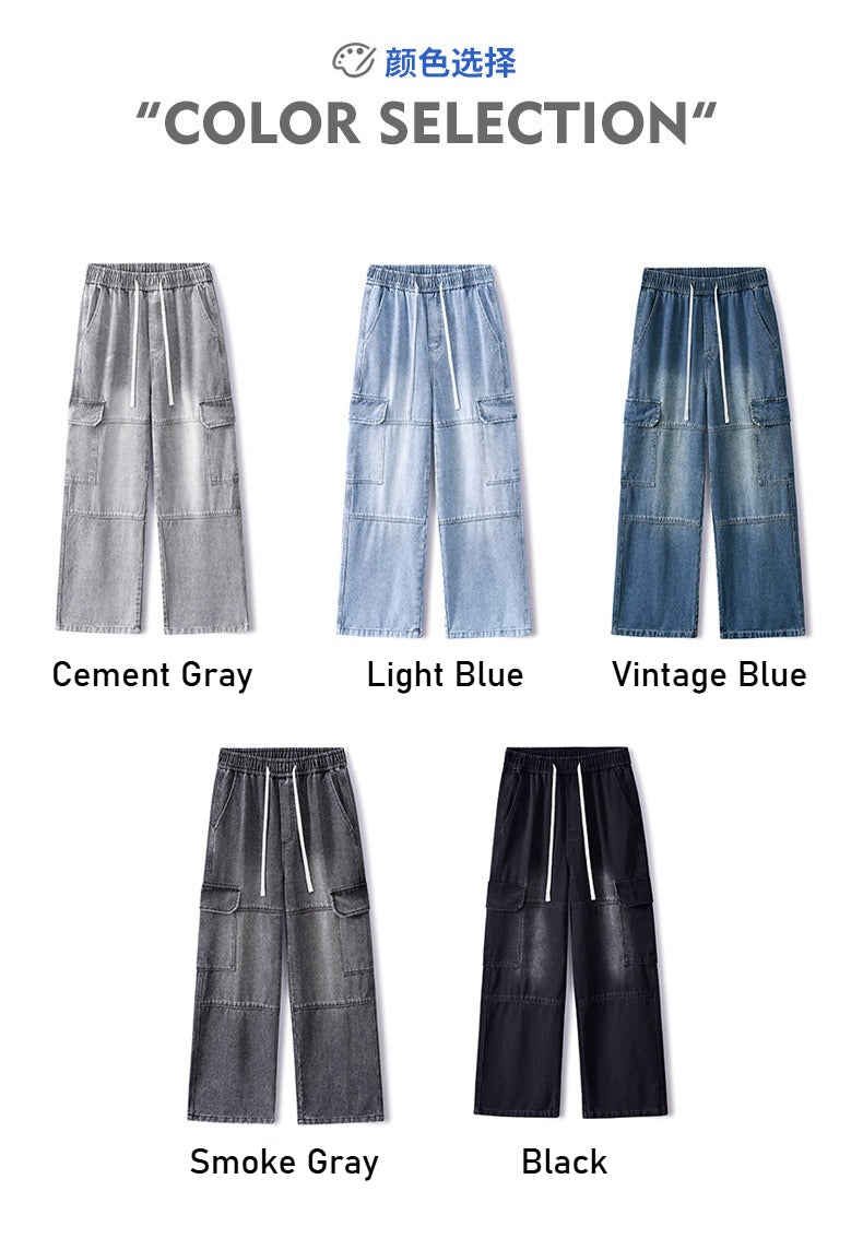 Men's American high street tooling jeans, retro loose straight wide-leg trousers, men's casual retro tooling trousers
