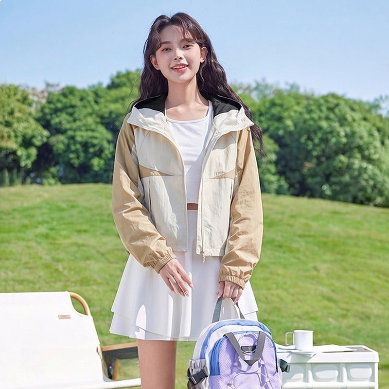 Women's Cropped Sun Protection Hooded Jacket, Summer Breathable Cool‑Feel Outdoor UV‑Proof Coat