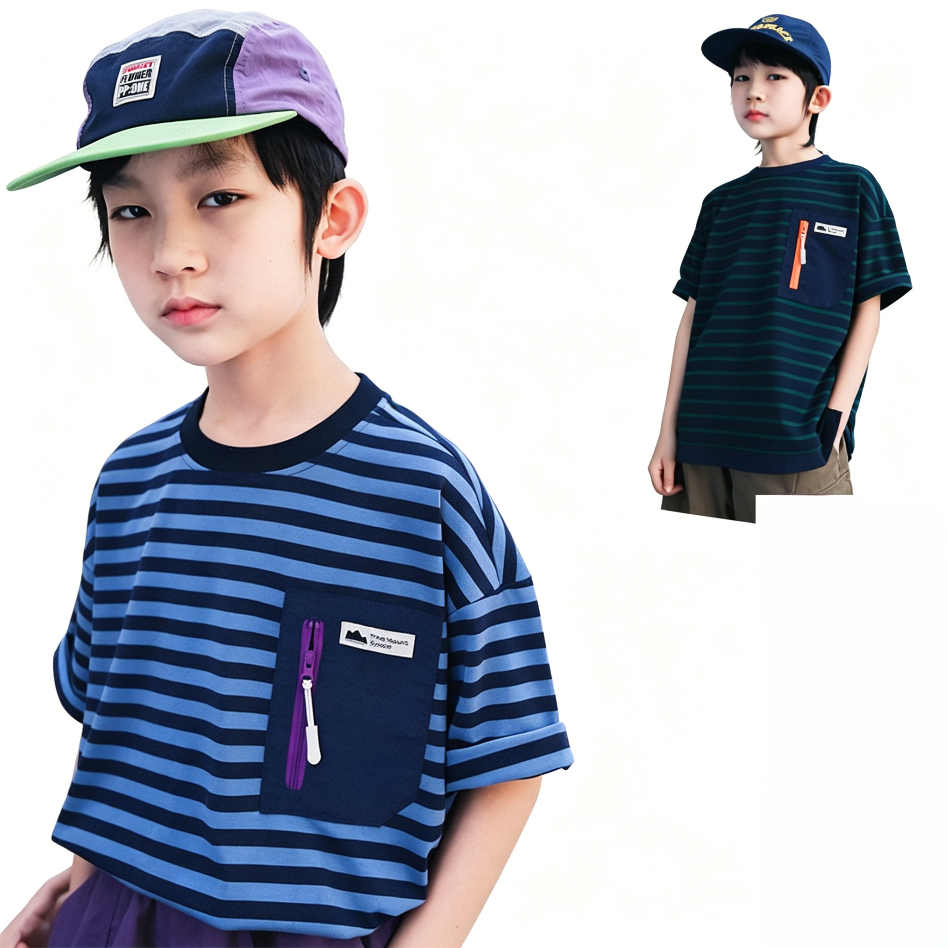 Boys Mountain Zipper Pocket Color Block Stripe Tee