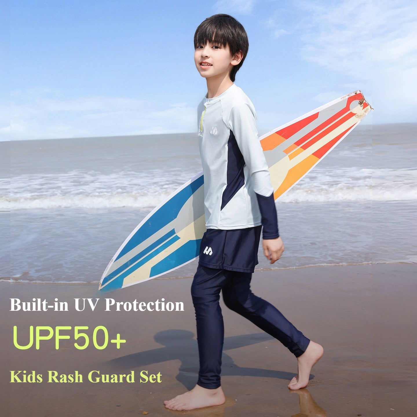 Kids Boys UPF50+ Rash Guard, 7A Antibacterial Quick Dry 2-Piece Swimsuit