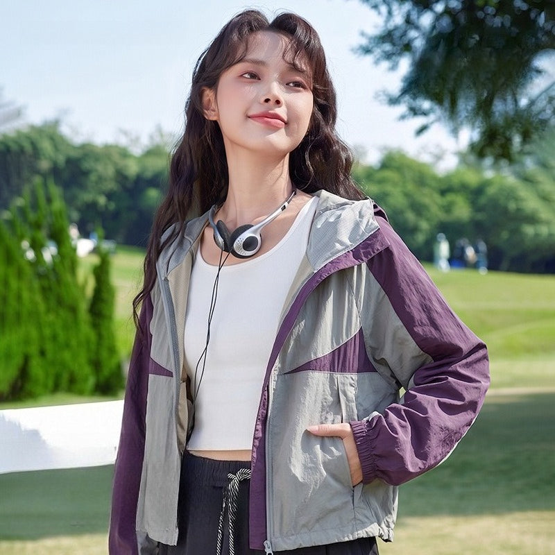 Women's Cropped Sun Protection Hooded Jacket, Summer Breathable Cool‑Feel Outdoor UV‑Proof Coat