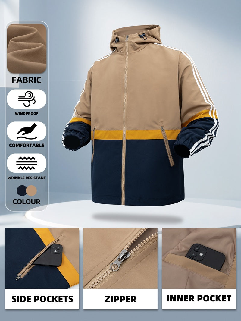 American spliced men's jacket: hooded loose design, can be used as a sports coat/casual jacket, versatile and practical, three bars are flat