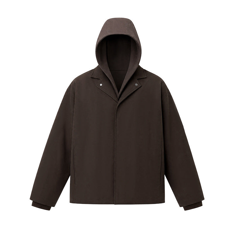 Faux two-piece fleece-lined street style short wide hooded cotton jacket for men