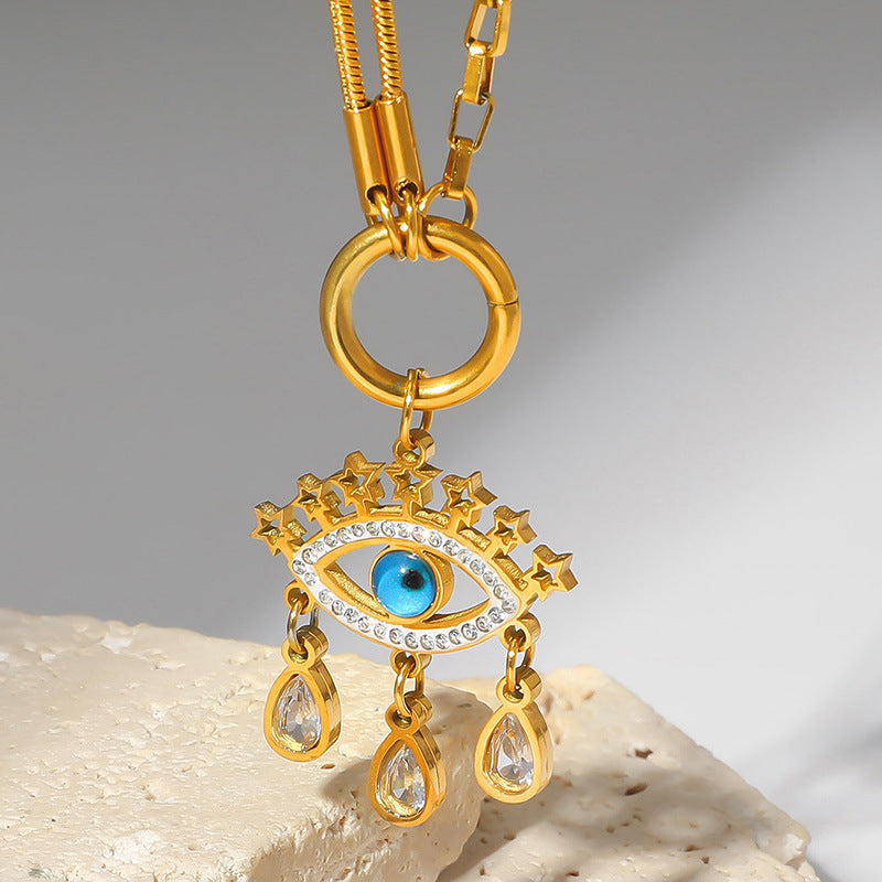Stainless steel diamond-encrusted evil eye necklace
