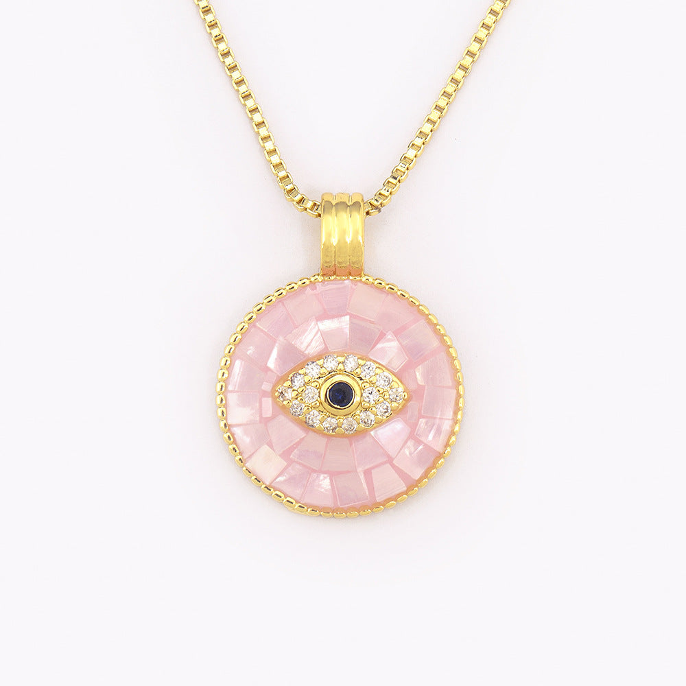 Natural Shell Inlay & Enamel Pink "Evil Eye" Necklace with Round Pendant