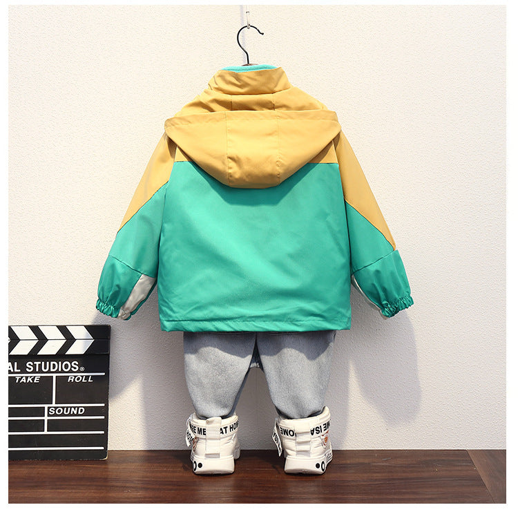 Children's jacket two-piece set of 3-8 year old children's windproof and waterproof jacket, spring and autumn hiking camping clothing, navy blue/green optional