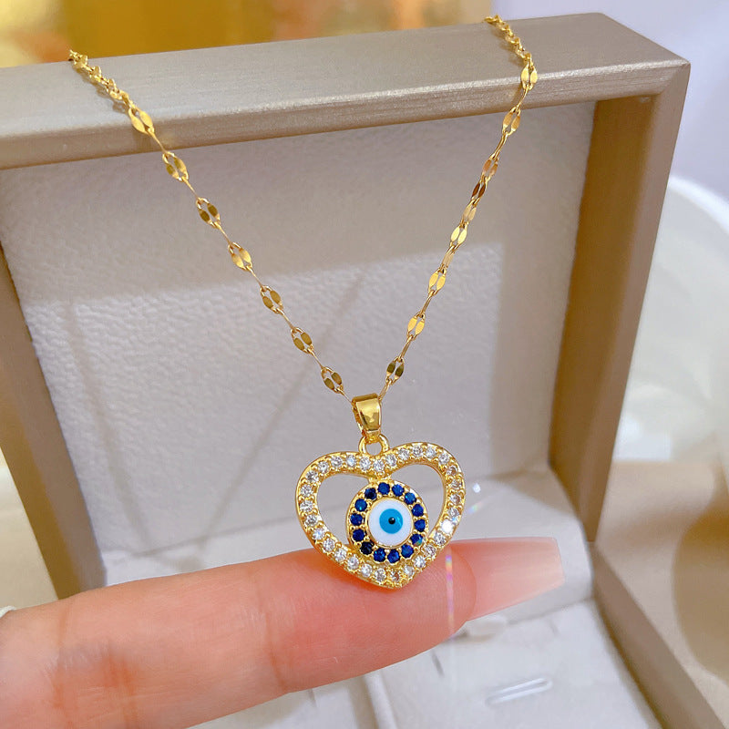Titanium Steel Heart-Shaped Evil Eye Versatile Clavicle Chain