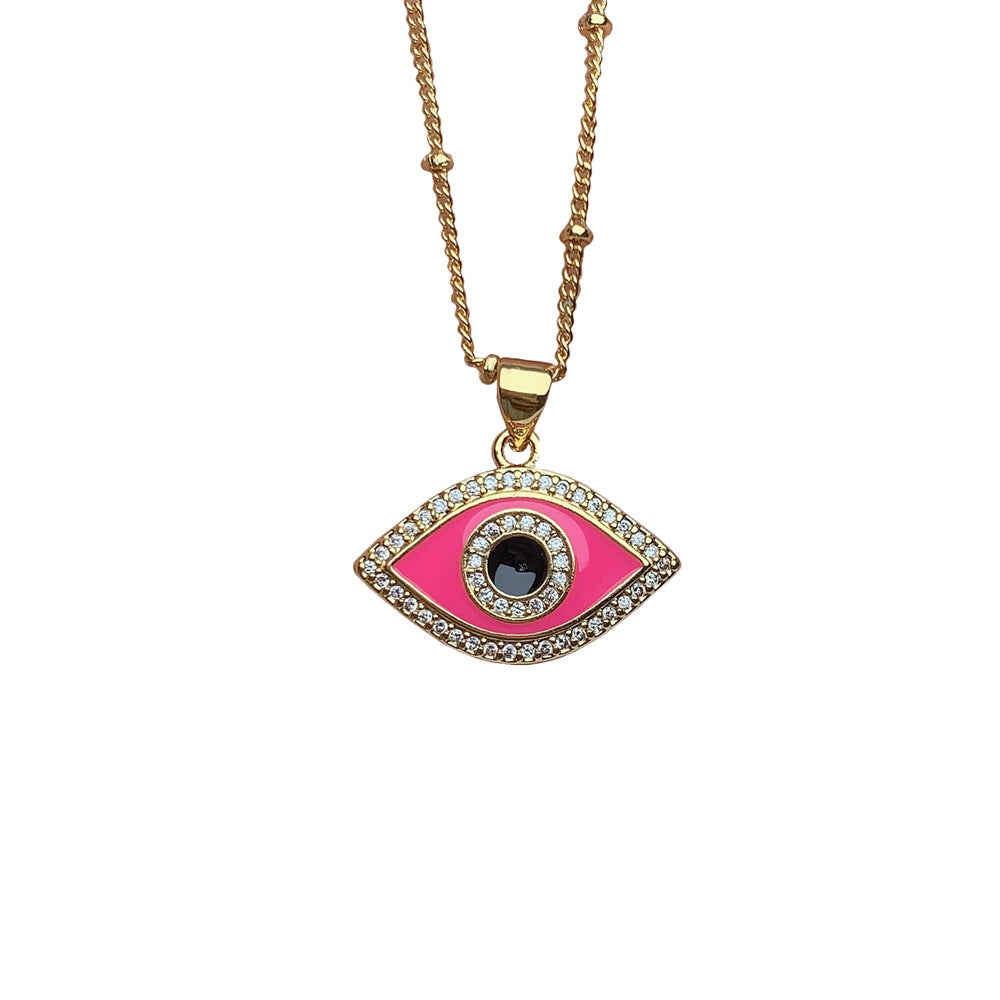 Oil-splashed zircon evil eye pendant necklace