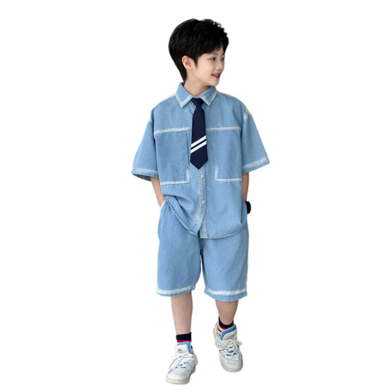 Lightweight Boys Short Sleeve Denim 2PCS Outfit Summer Kids Set