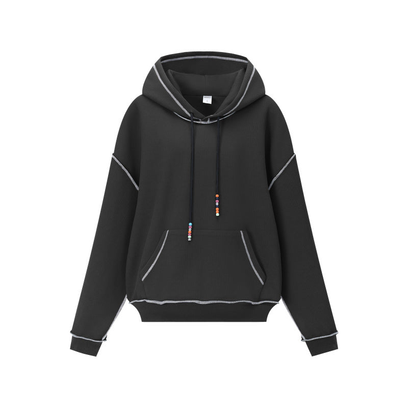 Color-block waffle-knit hoodie with beaded drawstring