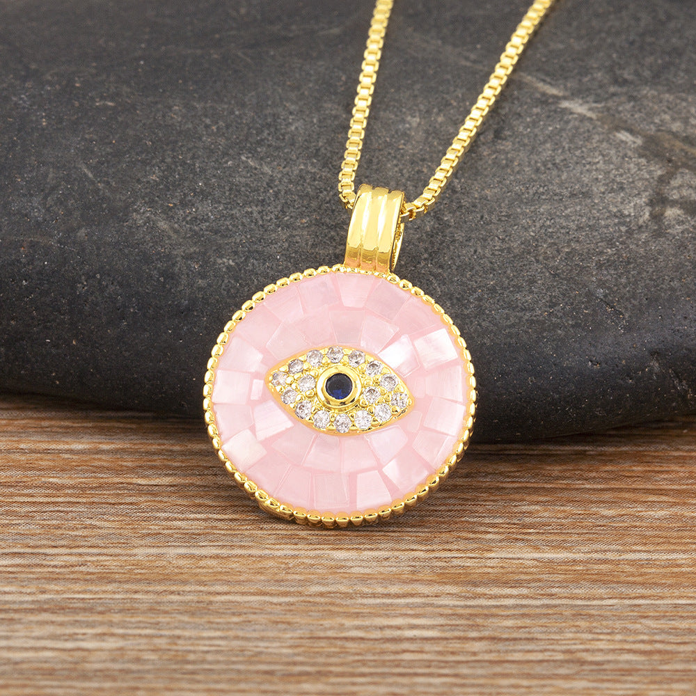 Natural Shell Inlay & Enamel Pink "Evil Eye" Necklace with Round Pendant