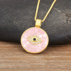 Natural Shell Inlay & Enamel Pink "Evil Eye" Necklace with Round Pendant