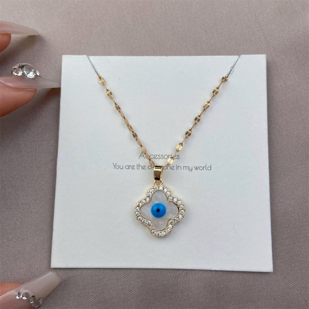 Four-Leaf Clover & Evil Eye Titanium Steel Necklace