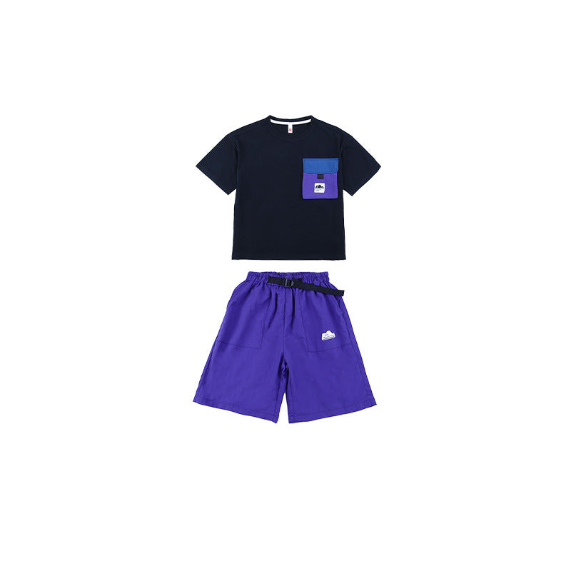 Boys' Outdoor-Style Color-Block Short-Sleeve Set with Pockets