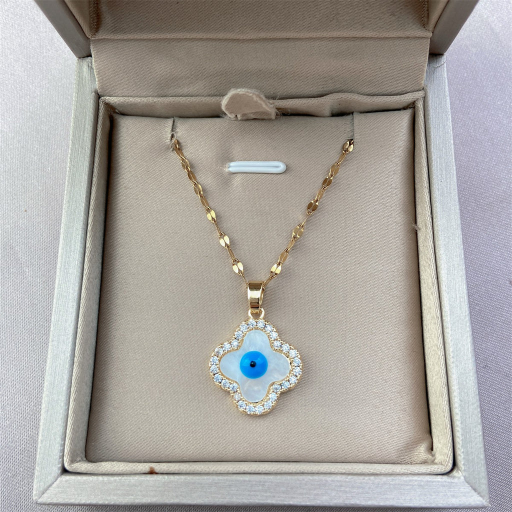 Four-Leaf Clover & Evil Eye Titanium Steel Necklace