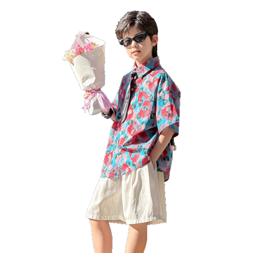 Boys' Lightweight Pure Cotton Short-Sleeve Floral Shirt