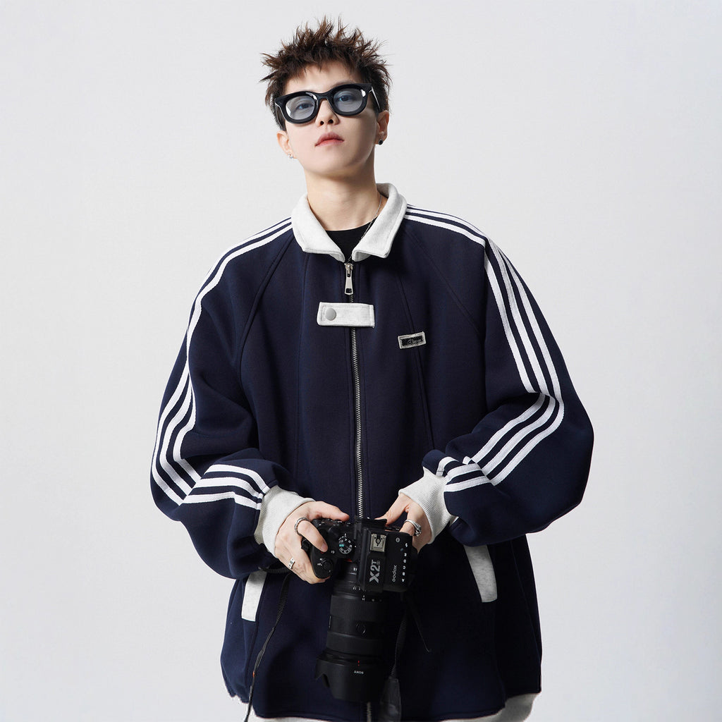 Unisex Three-Stripe Fleece-Lined Thick Casual Sweatshirt Jacket | Winter New