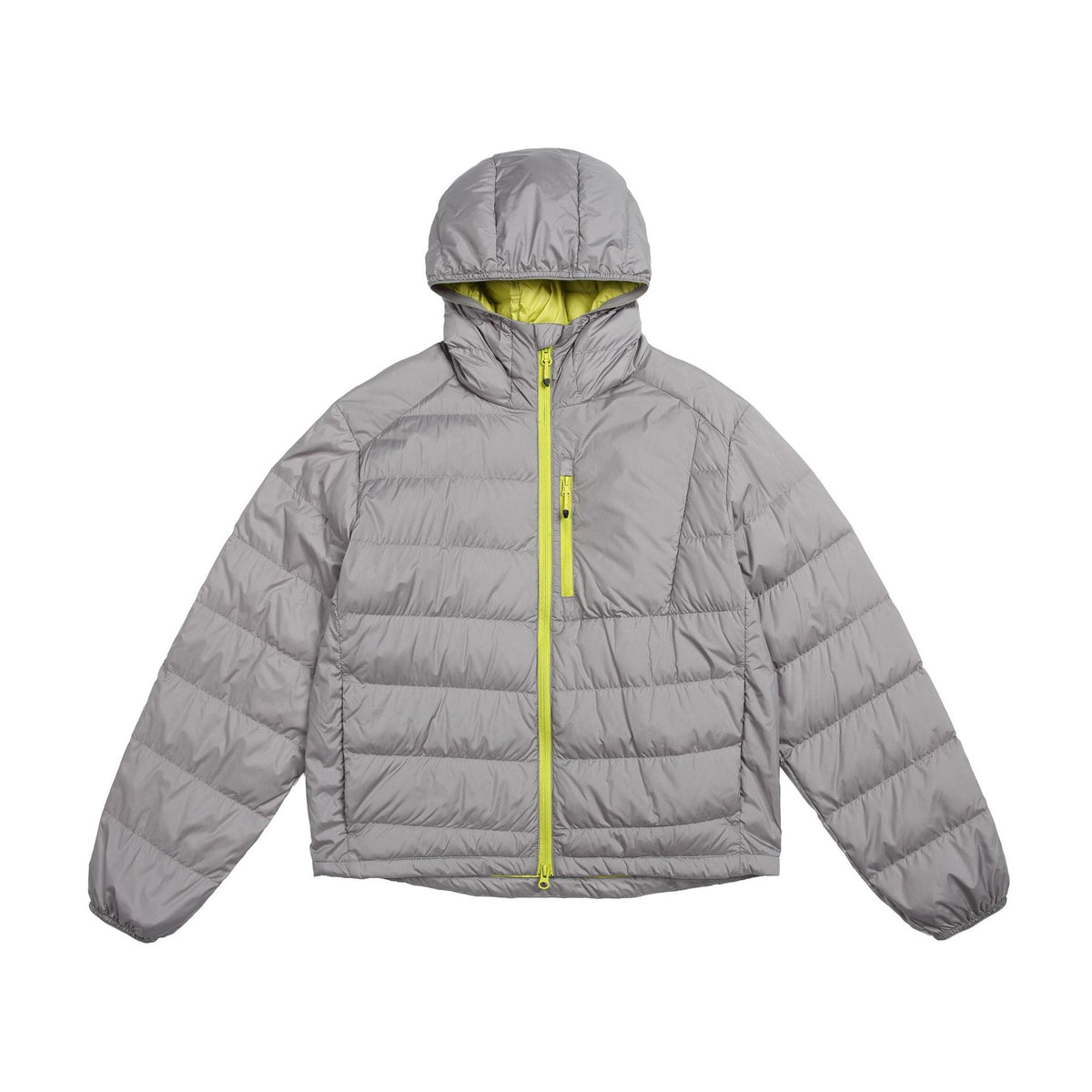 Lightweight contrasting color hooded down jacket