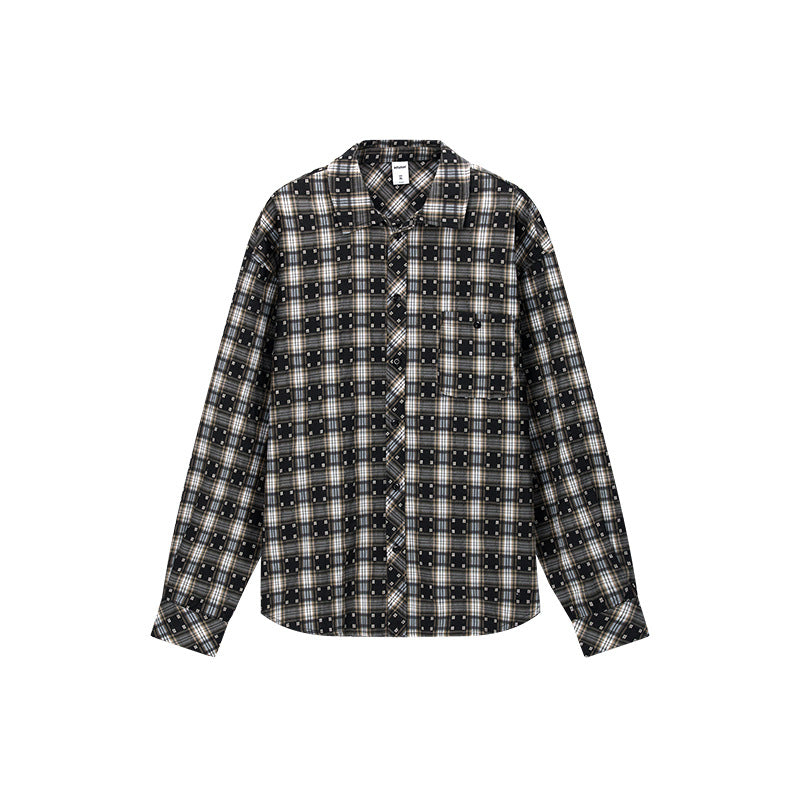 Lightweight plaid long-sleeve shirt-jacket with a small stand collar