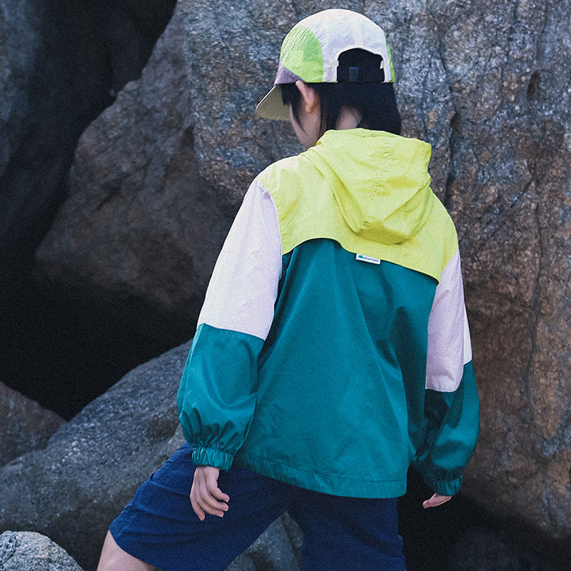 Mountain Style Color Block Hooded Casual Jacket for Middle and Large Children