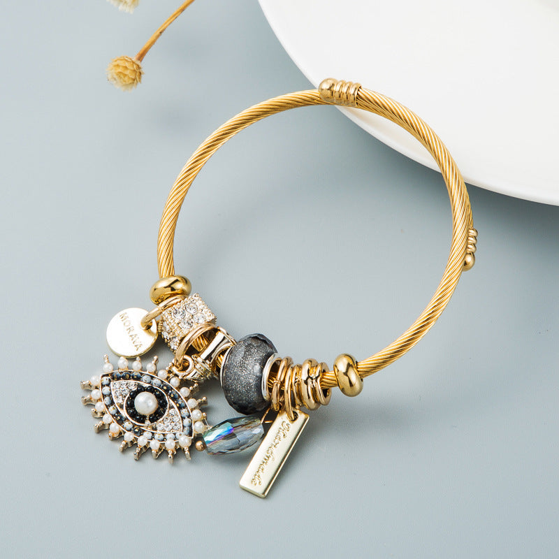 Personalized DIY Evil Eye Crystal Pendant Gold Plated Bracelet