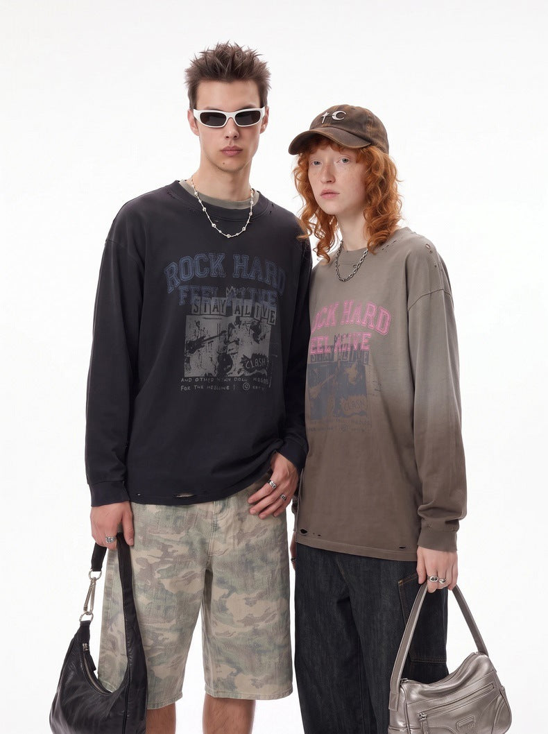 Long-sleeve T-shirt with vintage wash, dip-dye, and print.