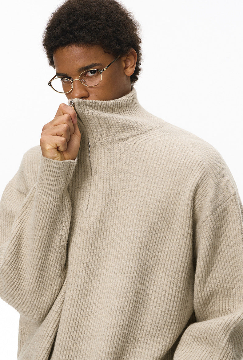 Lazy and relaxed! Jiezhan semi-zipper turtleneck sweater 2025 winter old money style retro street men's clothing