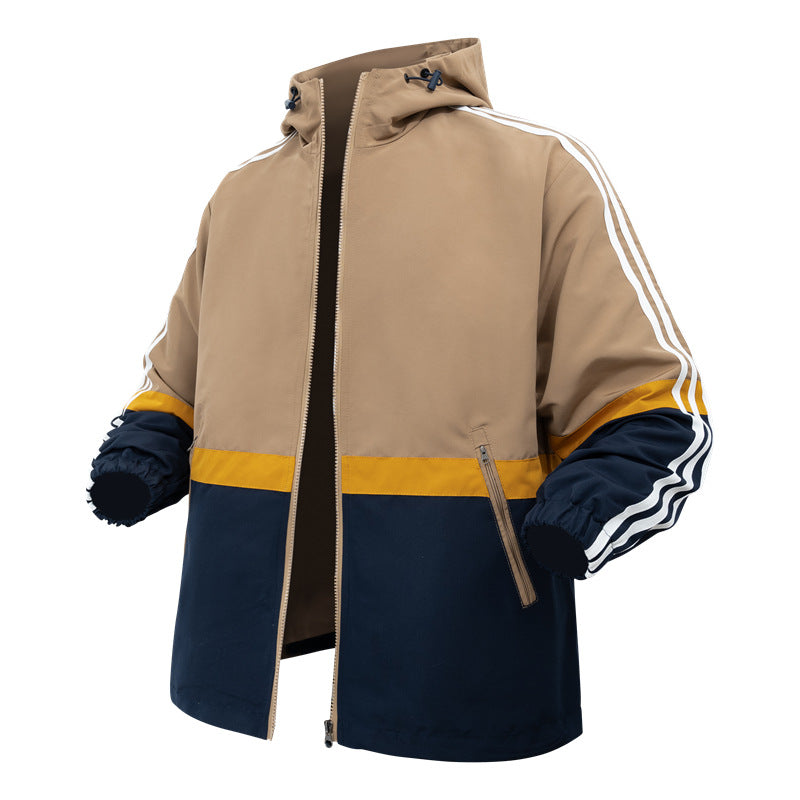 American spliced men's jacket: hooded loose design, can be used as a sports coat/casual jacket, versatile and practical, three bars are flat