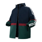 American spliced men's jacket: hooded loose design, can be used as a sports coat/casual jacket, versatile and practical, three bars are flat