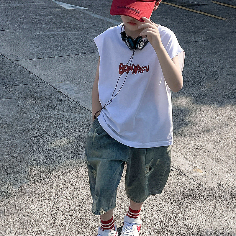 Boys' pure cotton sleeveless cropped-pant outfit