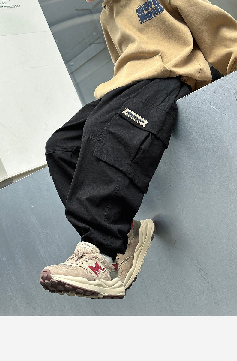 Boys Cotton Cargo Pants Big Pockets Casual Long Trousers for Kids