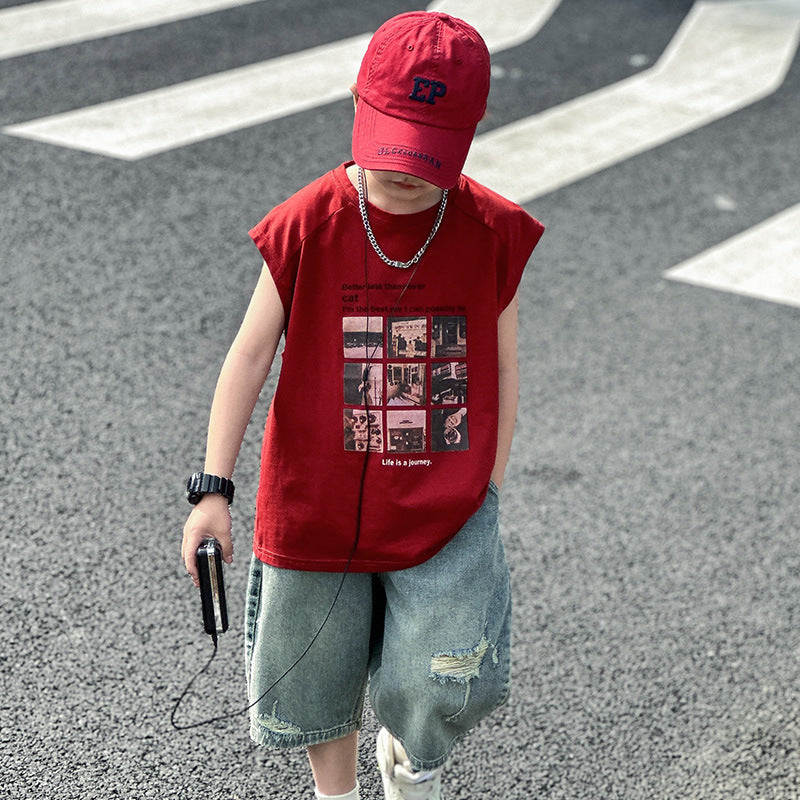 Big Boys Red Cotton Sleeveless Summer Vest