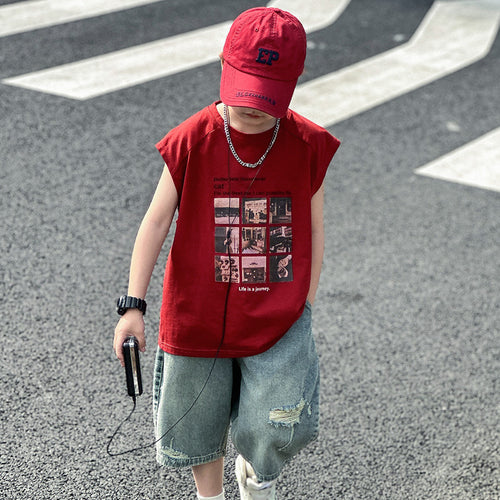 Big Boys Red Cotton Sleeveless Summer Vest
