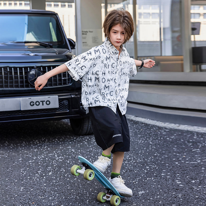 Boys' All-Over Letter Print Short-Sleeve Cotton Shirt