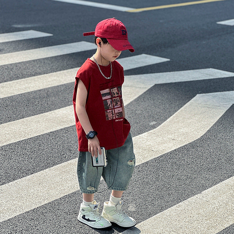 Children's Pure Cotton Sleeveless Vest and Denim Shorts Summer Outfit