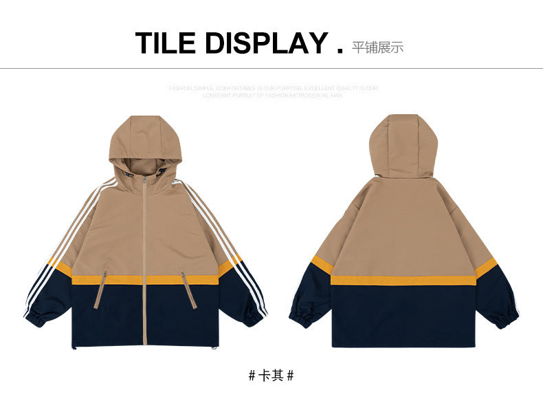 American spliced men's jacket: hooded loose design, can be used as a sports coat/casual jacket, versatile and practical, three bars are flat