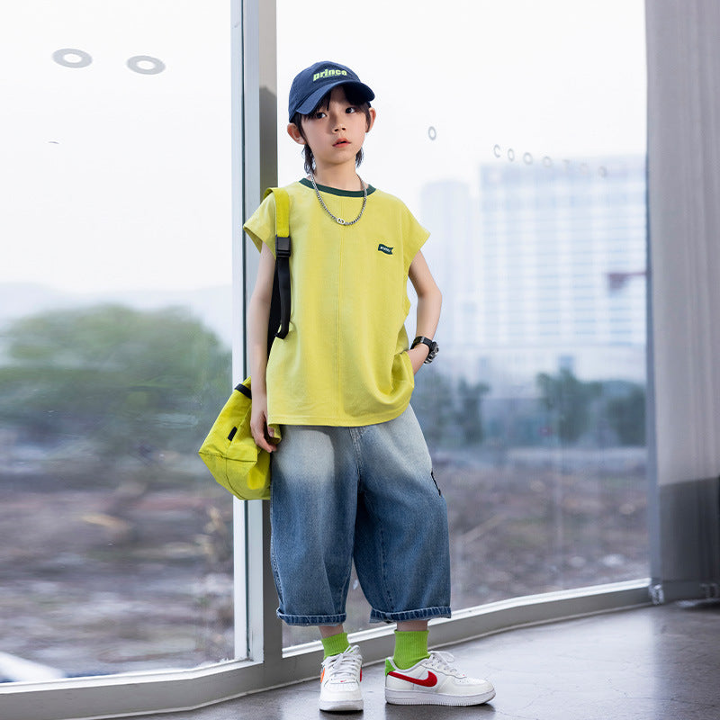 Boys Letter Embroidered Soft Denim 7 Inch Shorts