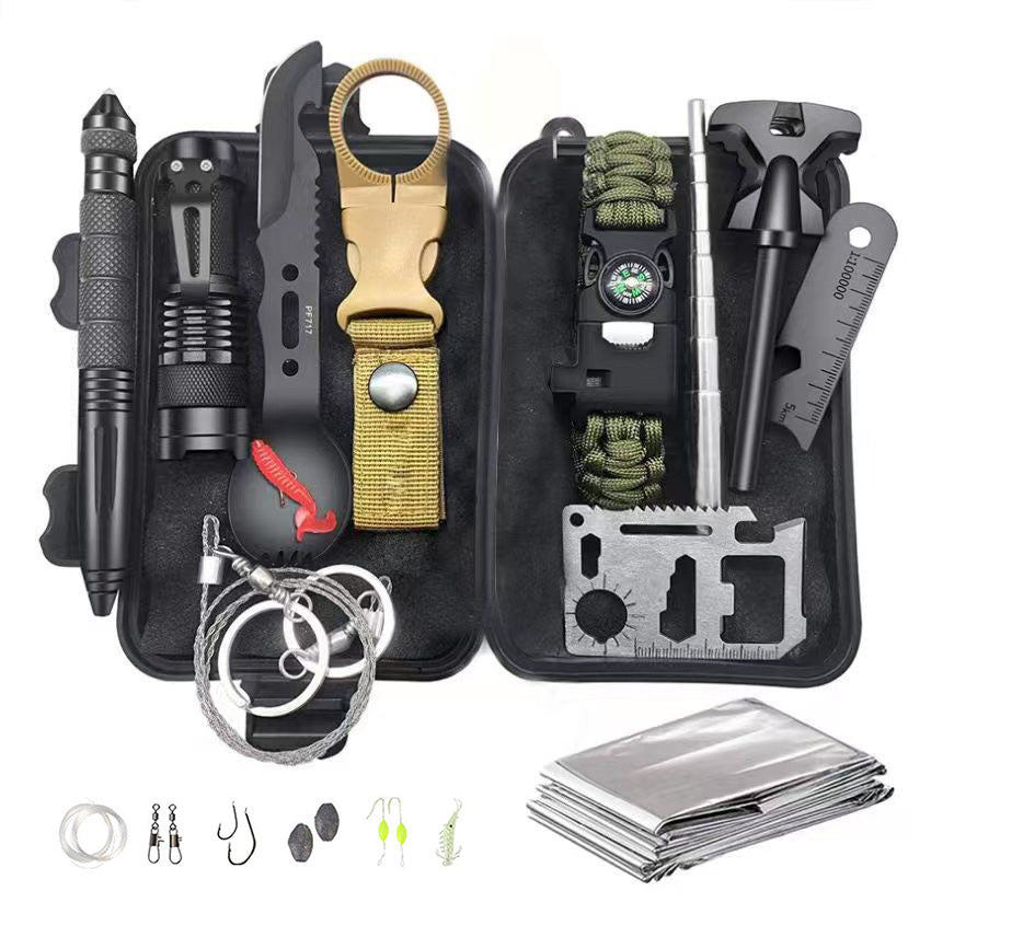 Wilderness survival equipment, outdoor multi-functional tool set, adventure self-defense first aid box.