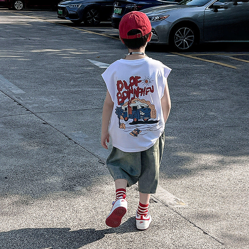 Boys' pure cotton sleeveless cropped-pant outfit