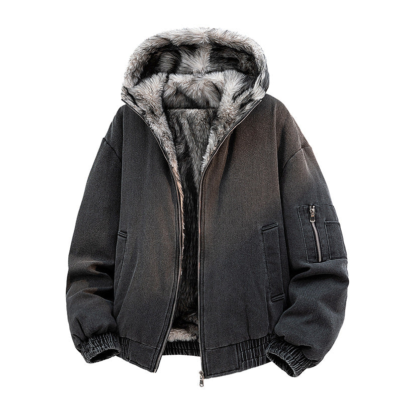 Men's Winter Oversized Hooded Fleece-Lined Warm Casual Denim Jacket