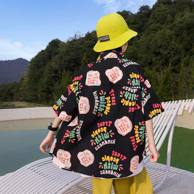 Boys' All-Over Print Pure Cotton Short-Sleeve Summer Shirt