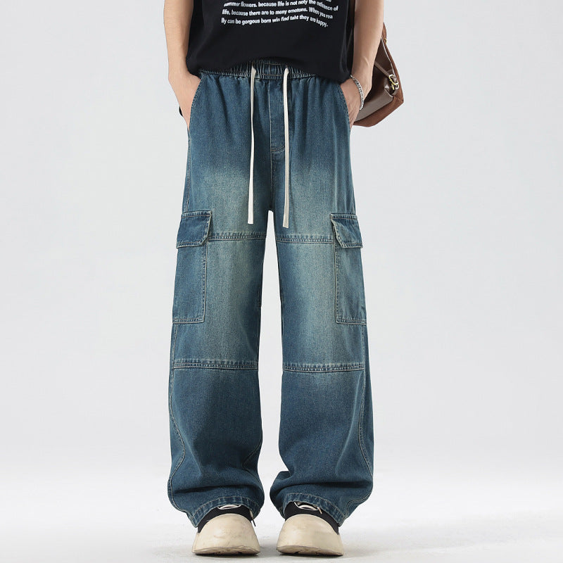 Men's American high street tooling jeans, retro loose straight wide-leg trousers, men's casual retro tooling trousers