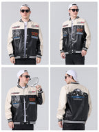 Men's loose PU leather baseball jacket | Cross-border European and American locomotive style faux leather cardigan jacket, motorcycle riding trendy and cool top