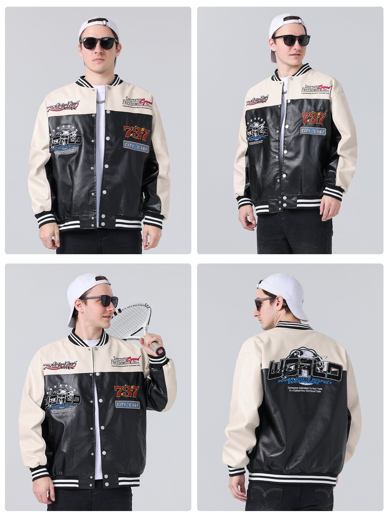 Men's loose PU leather baseball jacket | Cross-border European and American locomotive style faux leather cardigan jacket, motorcycle riding trendy and cool top